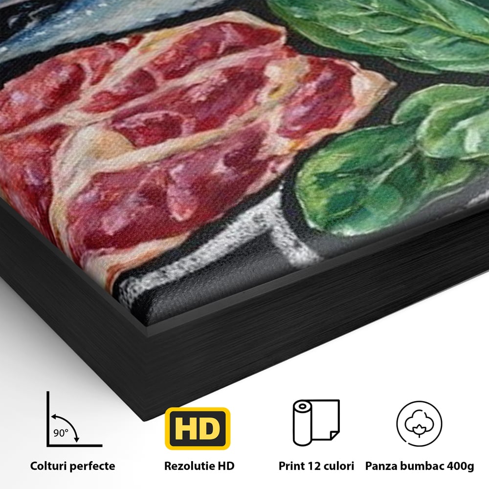 Detaliu al suprafetei: pictura cu alimente variate pe fundal negru, in rama de aluminiu negru